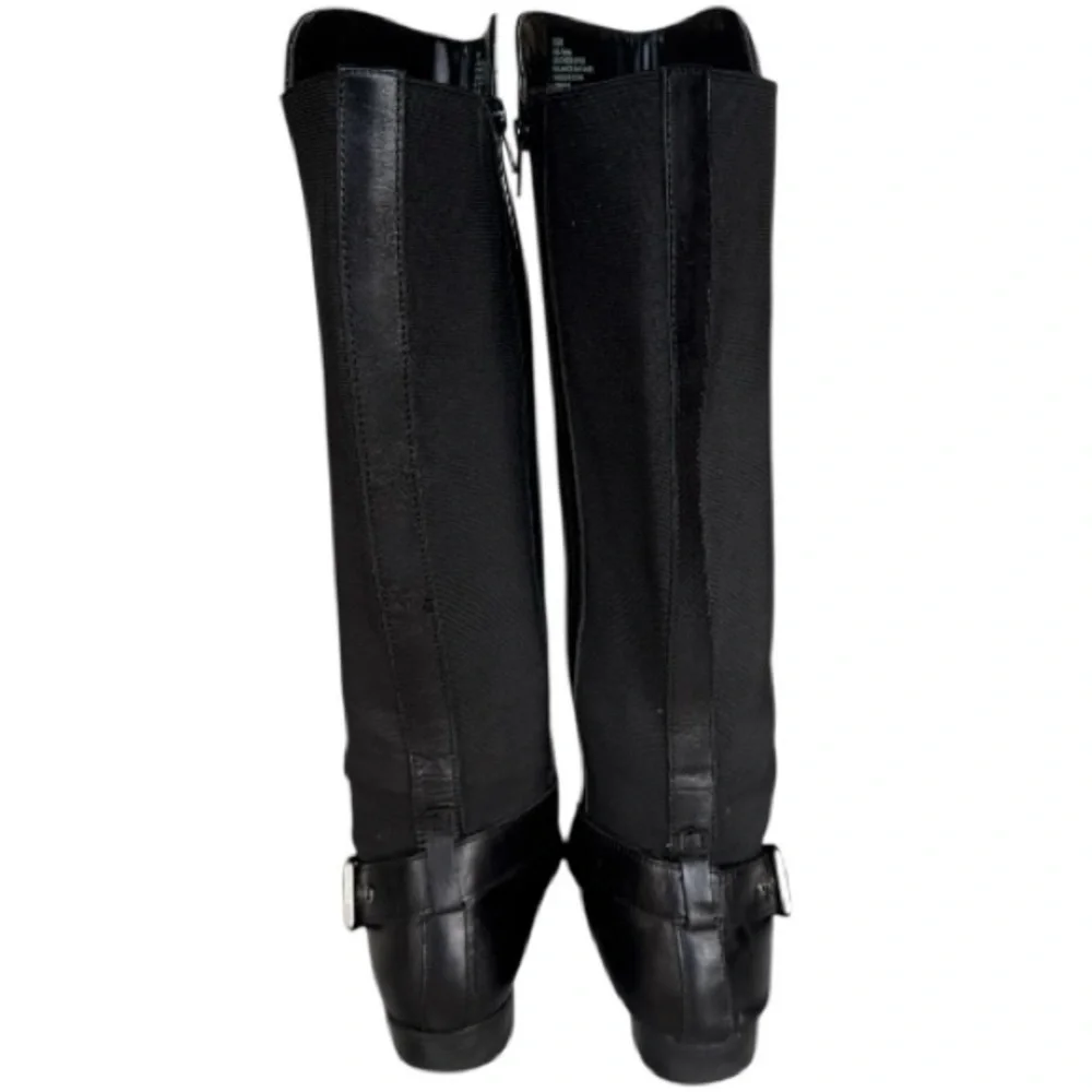 Liz Claiborne Black Leather Nicole Buckle Knee-High Riding Boots Stretch Sz 8.5M